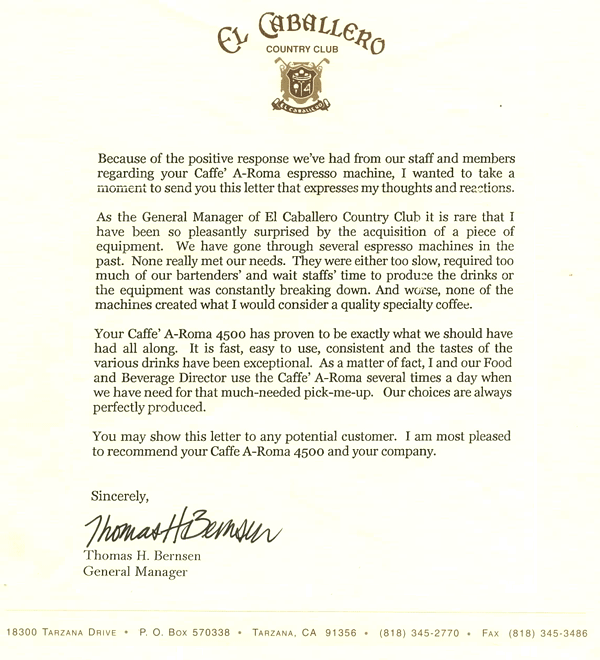 Testimonial from El Caballero Country Club in Tarzana, Southern California.